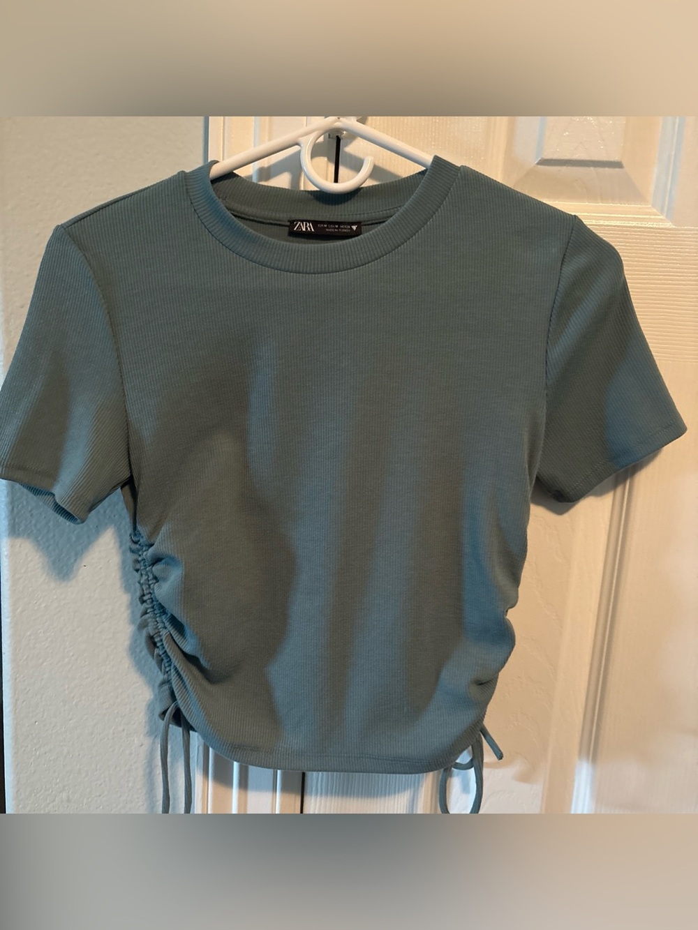 Zara Ribbed Side-Ruched Tee in Dusty Teal